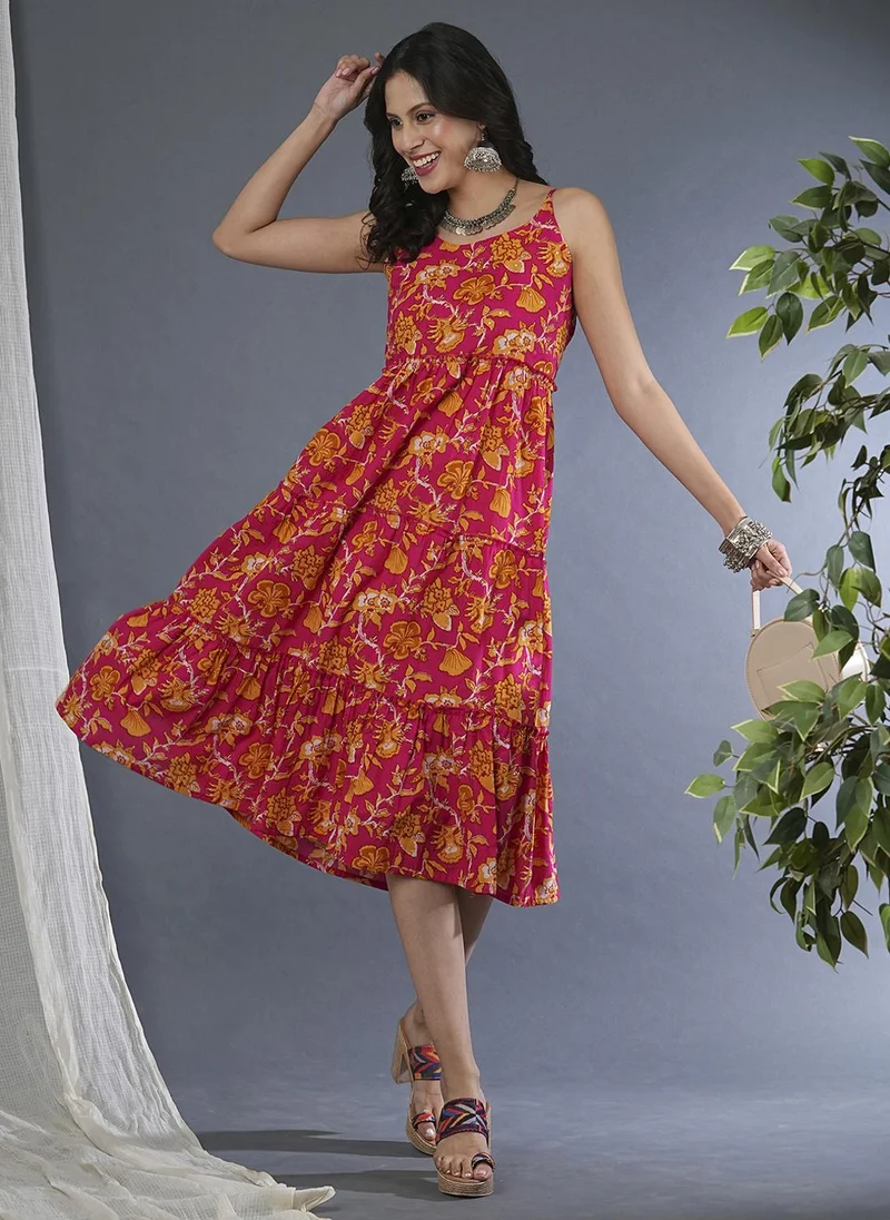 جلو باص فستان ميدي قطن نقي بطبعات زهور وتصميم مجمع وطبقات للنساء